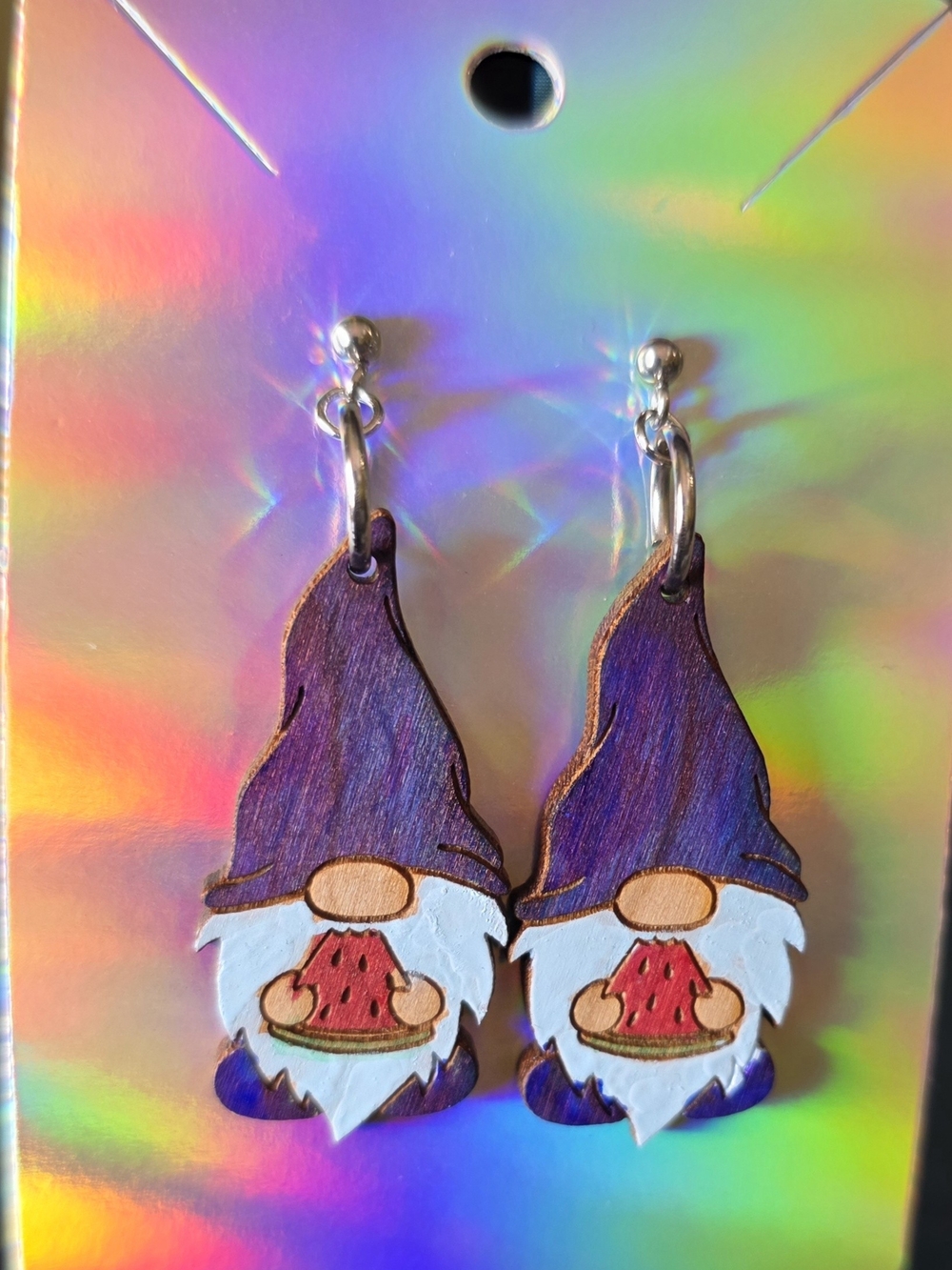 Purple/Blue Gnome Watermelon Wooden Dangle Earrings - Handmade